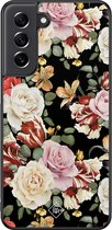 Casimoda® hoesje - Geschikt voor Samsung Galaxy S21 FE - Bloemen flowerpower - Zwart TPU Backcover - Bloemen - Zwart