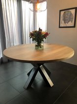 Industrial Home - Eiken ronde tafel Rowy - 150x4,5cm diameter met matrix 8x4cm - Inclusief skylt 3 lagen behandeling