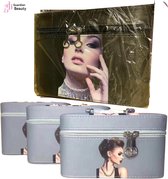 Beautycase - Make Up Tasje Girl Print Grey Zwart 3 in 1 (3 Stuks) | Opberg Etui / Cosmetica Organizer Reis Tas Case