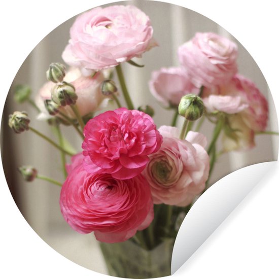 Renoncules roses sur fond flou Sticker mural cercle papier peint ⌀ 140 cm / cercle papier peint / cercle mural / cercle vivant - autocollant & découpe ronde