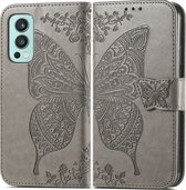 Mobigear Telefoonhoesje geschikt voor OnePlus Nord 2 Hoesje | Mobigear Butterfly Bookcase Portemonnee | Pasjeshouder voor 3 Pasjes | Telefoonhoesje voor Pinpas / OV Kaart / Rijbewijs - Grijs