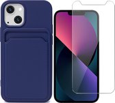 iPhone 13 Hoesje Pasjeshouder Blauw - Siliconen Case Back Cover + Screenprotector Glas