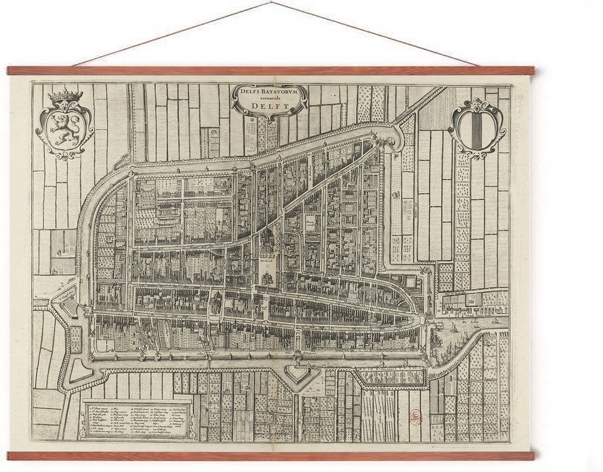 Esque Poster In Posterhanger - Historische Oude kaart Delft - 50x70 cm - Kader Hout - Ophangsysteem - Vintage Plattegrond
