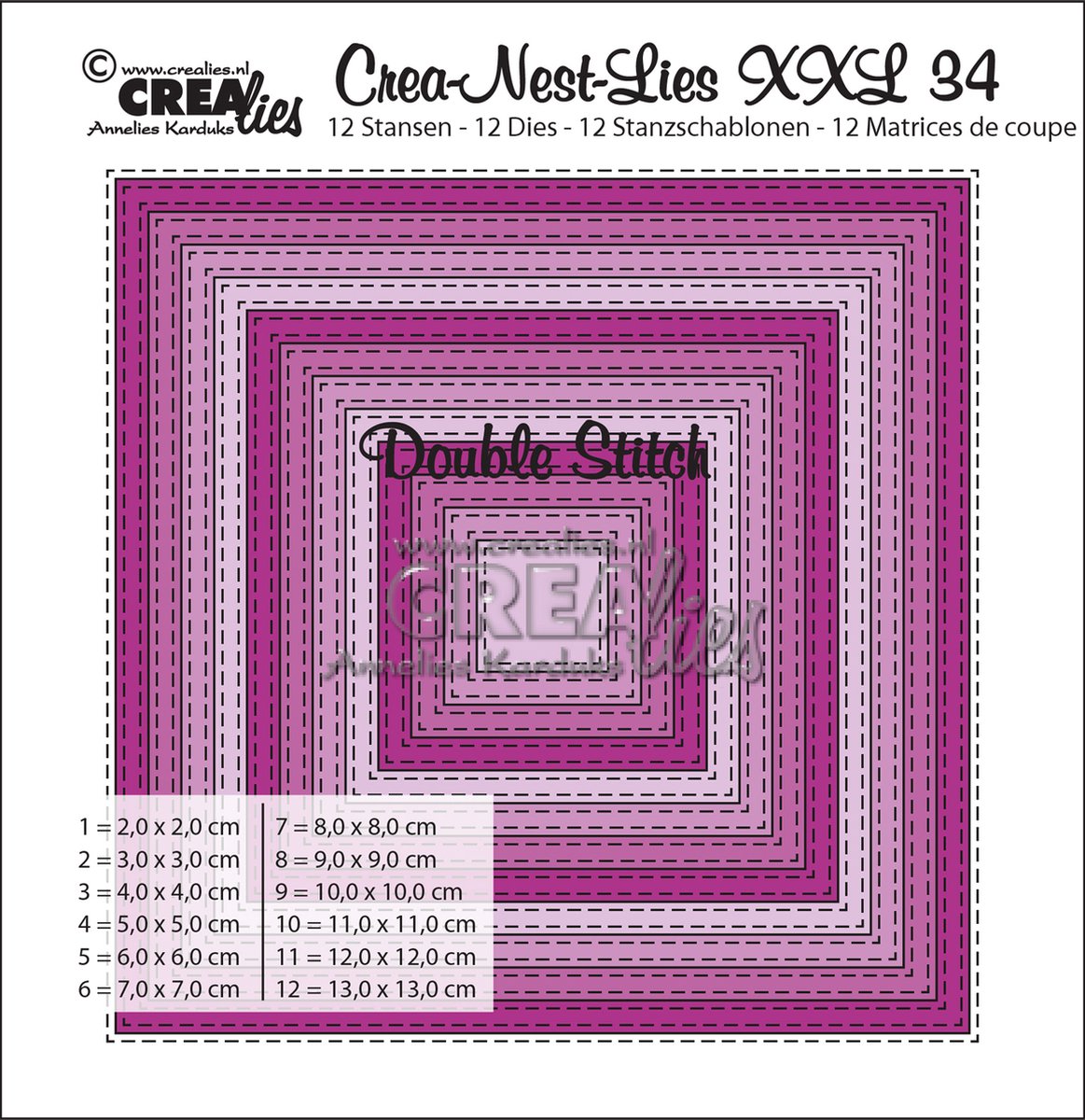 Crea-Nest-Lies XXL Stansen - Nr.34 - Vierkant - Dubbele Stiksteeklijn - 13x13cm - 8 stuks