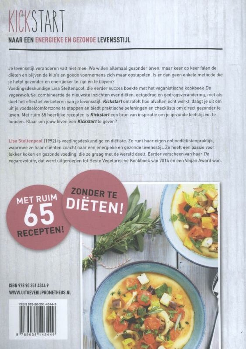 Achterkant van het boek Kickstart met tekst, streepjescode en foto's van gerechten.
