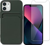 Hoesje Pasjeshouder geschikt voor iPhone 12 Mini Groen - Siliconen Case Back Cover + Screenprotector Glas