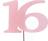 Taartdecoratie versiering| Taarttopper| Taarttopper | Taartversiering| Verjaardag| Cijfers | 16 | Roze | glitter| 14 cm| karton