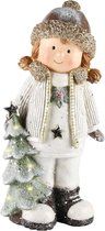 Winterkind meisje met kerstboom - Wit / beige / zilver / goud - 15 x 11 x 31 cm hoog