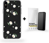 Apple iPhone X/10/XS Telefoonhoesje - Transparant Siliconenhoesje - Flexibel - Met Bloemenprint - Madeliefjes + Apple iPhone X/10/XS Screenprotector - Beschermglas - Helder - Sterk - Gehard G