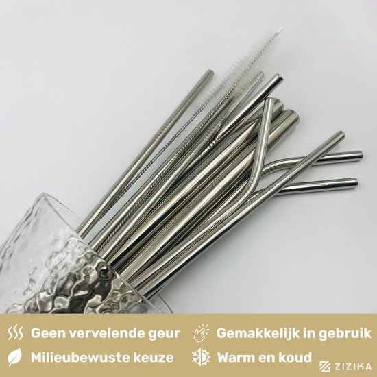Set van 16 roestvrijstalen rietjes, 215 x 6 mm, herbruikbare rietjes