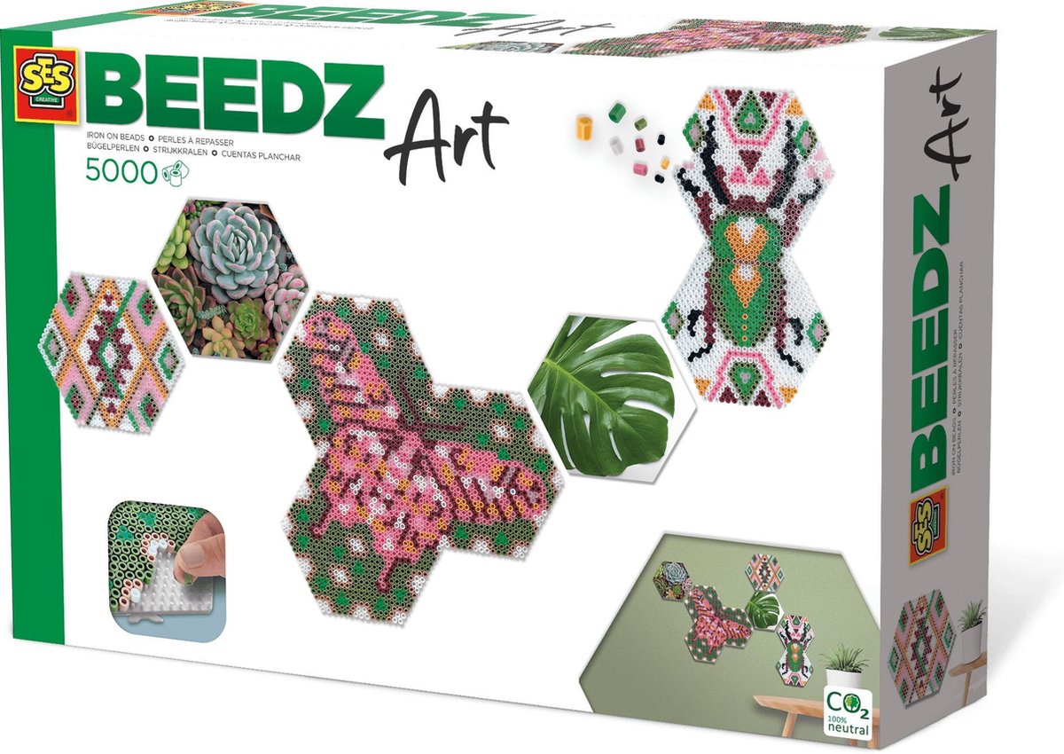 SES Beedz Art - Hex tiles Botanisch - 5000 strijkkralen - collage met strijkkralen en foto's - complete set met grondplaten en fotostickers