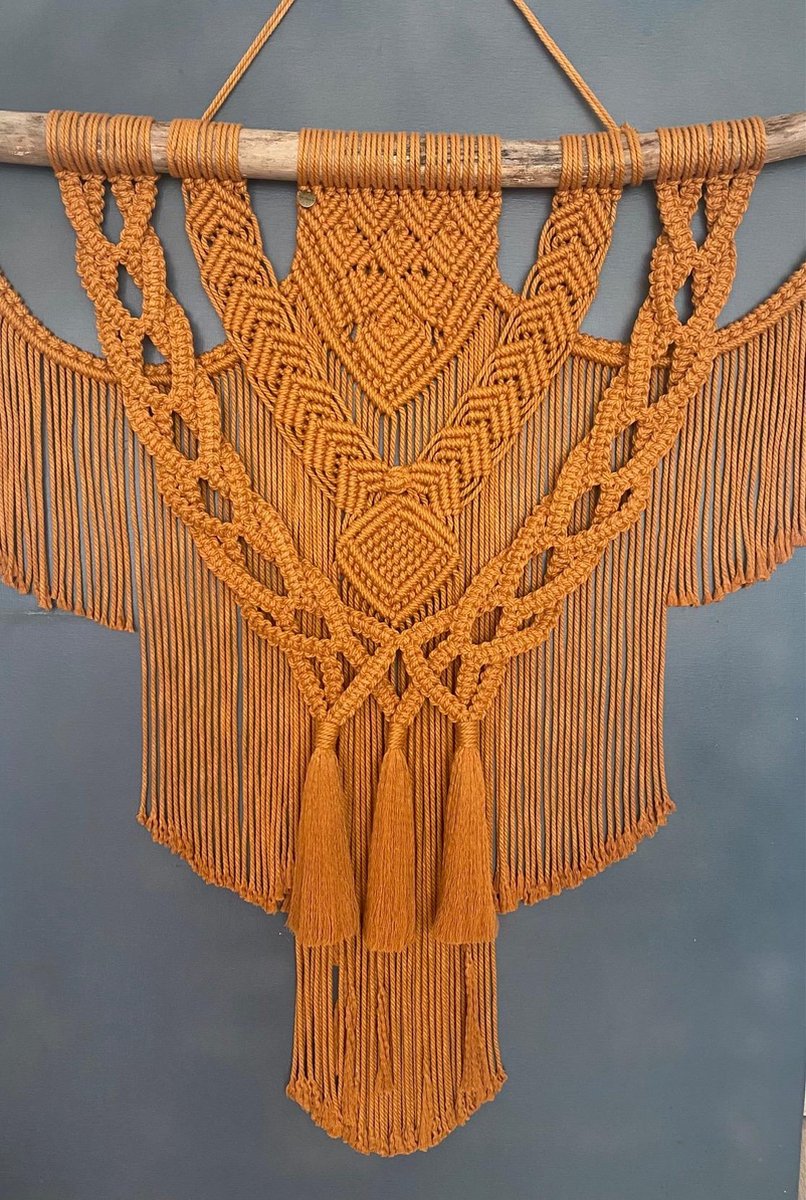 Macramé wandkleed Manolya -Muurdecoratie - handgemaakt - knopen - touw - macrame wall hanger - 204 oker