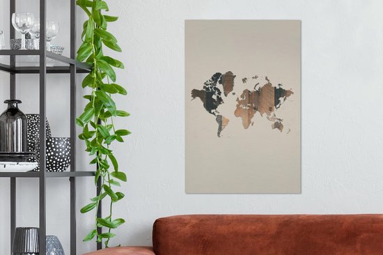Décoration murale Carte du Wereldkaart - Planche de bois - Marron - Toile - 60x90 cm