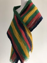 Handgemaakte, gevilte brede sjaal van 100% merinowol - Rood / Blauw / Groen / Geel - 203 x 32 cm. Stijl open gevilt.