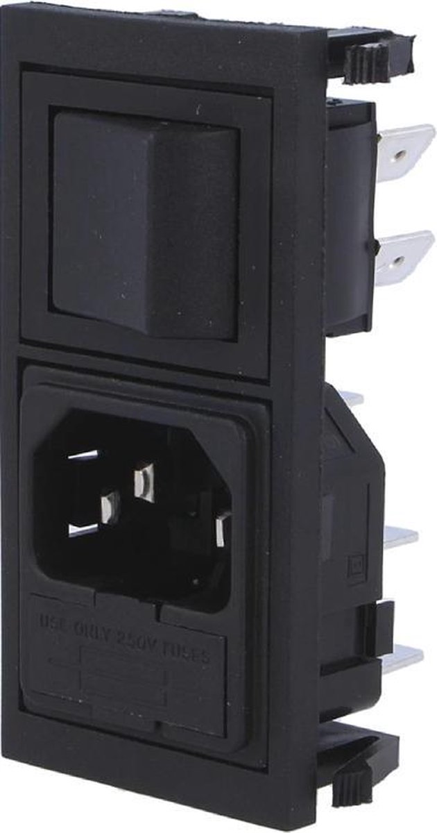 Soldeerbaar C14 Chassis - Met schakelaar en zekering houder - 250V - 10A - Zwart