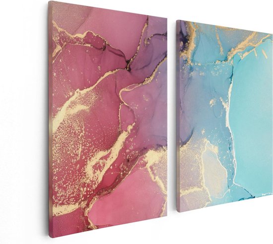 Artaza - Diptyque de peinture sur toile - Art abstrait en marbre - Rose avec du Blauw - 80x60 - Photo sur toile - Impression sur toile