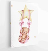 Canvas schilderij - Cute teddy bear girl swinging on a swing on a star; watercolor hand draw illustration -  Productnummer 1808275867 - 40-30 Vertical