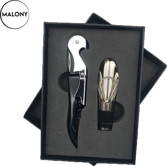 Malony® Wijnopener set - Kurkentrekker - Flesopener - Kelnermes - Wijn accessoires - Bieropener - 2 Delig - RVS - Luxe Giftbox - Zwart