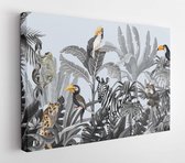 Canvas schilderij - Seamless border with jungle trees and animals in monochrome style.  -     1548958943 - 50*40 Horizontal