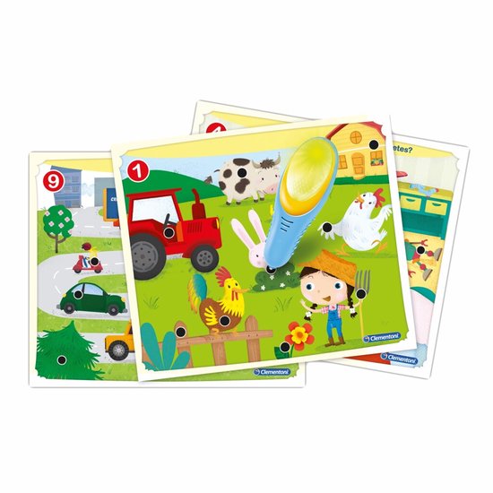 Puzzels van 'Mijn Eerste Spel' met een boerderij, auto's en een interactieve pen.