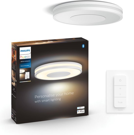 Philips Hue productpresentatie: plafondlamp, verpakking en dimmer switch.