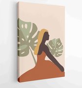 Canvas schilderij - Woman portrait post with monstera leaf wall art vector set. boho earth tone line art drawing with abstract shape. 2 -    – 1870239397 - 80*60 Vertical