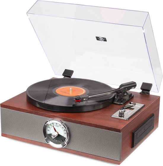 Houten platenspeler met platenspeler, klep omhoog en luidsprekers.