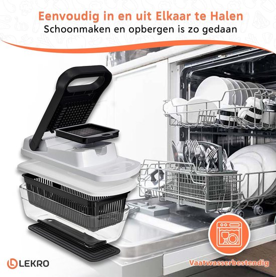 Lekro Multifunctionele Groentesnijder met Glazen Ovenschaal - Mandoline - Uiensnijder - Frietsnijder - Groentensnijder- Anti-slip mat - Glas & RSV - 12-delig