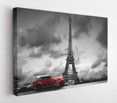 Canvas schilderij - Artistic image of Effel Tower, Paris, France and red retro car. Black and white, vintage.  -     245346724 - 115*75 Horizontal