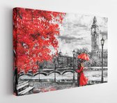 Canvas schilderij - Oil on canvas, London street. Artwork. I'm the husband. Man and woman under a red umbrella. Tree. England. Bridge and River  -    559875394 - 115*75 Horizontal