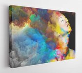 Canvas schilderij - Portrait of woman blended with abstract colors about joy of life and imagination  -     502452640 - 115*75 Horizontal