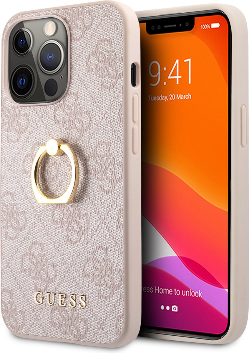 Guess hoesje geschikt voor iPhone 13 Pro Max - Hardcase Backcover - met Ring Houder - Roze