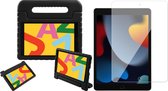 Hoes geschikt voor iPad 2022 / 2021 / 2020 10.2 inch - Screen Protector GlassGuard - Kinder Back Cover Kids Case Hoesje Zwart & Screenprotector