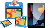 Hoes geschikt voor iPad 2022 / 2021 / 2020 10.2 inch - Screen Protector GlassGuard - Kinder Back Cover Kids Case Hoesje Blauw & Screenprotector