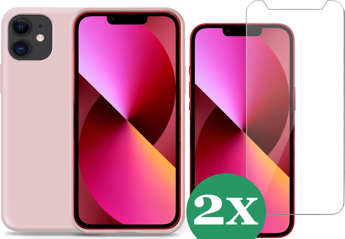 Hoesje geschikt voor iPhone 11 siliconen roze case - 2x Screen Protector