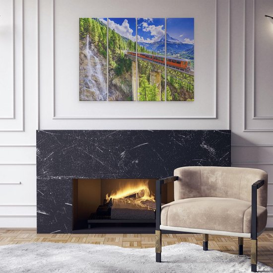 Artaza - Toile Peinture Quadriptyque - Train sur un Pont à une Cascade en Suisse - 80x60 - Photo sur Toile - Impression sur Toile