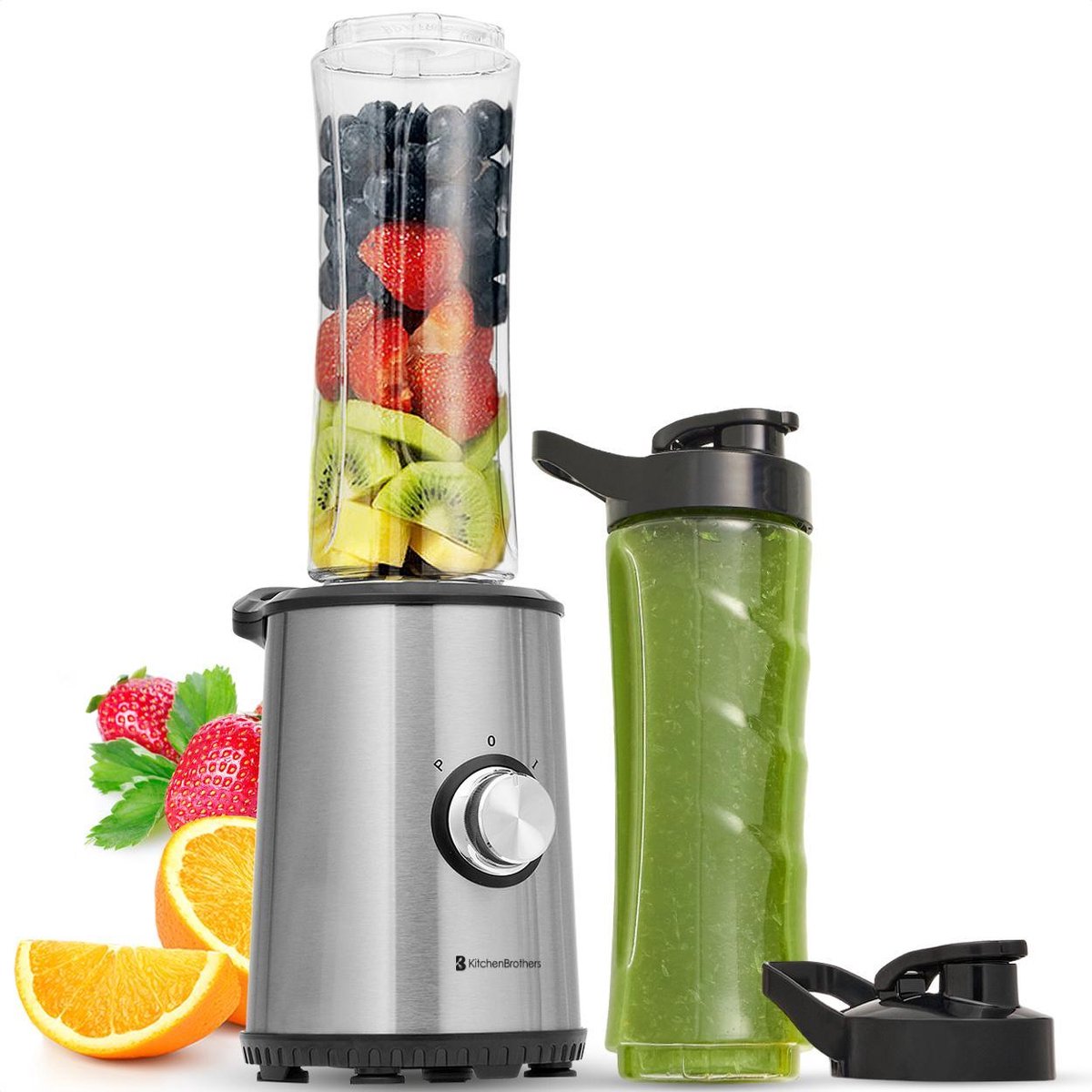 KitchenBrothers Mini Blender to Go Smoothie Maker 2 To-Go Bekers 600 ml RVS