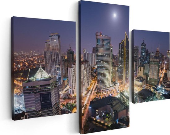 Artaza Canvas Schilderij Drieluik Makati Stad Skyline in de Nacht in Thailand  - 90x60 - Foto Op Canvas - Canvas Print