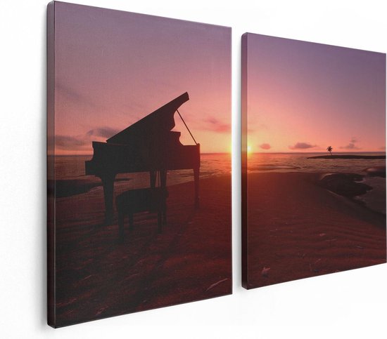 Artaza Canvas Schilderij Tweeluik Piano op het Strand bij Zonsondergang - 120x80 - Foto Op Canvas - Canvas Print