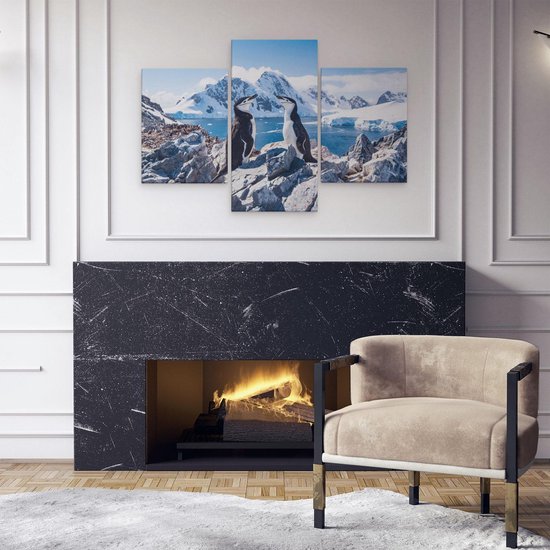 Artaza Toile Peinture Triptyque Deux Pingouins sur des Pierres en Antarctique - 90x60 - Photo sur Toile - Impression sur Toile