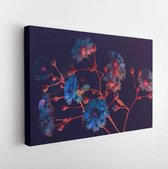 Canvas schilderij - Branch of garden roses. dark background, neon colors, blue buds, abstract composition.  -     1443785069 - 115*75 Horizontal