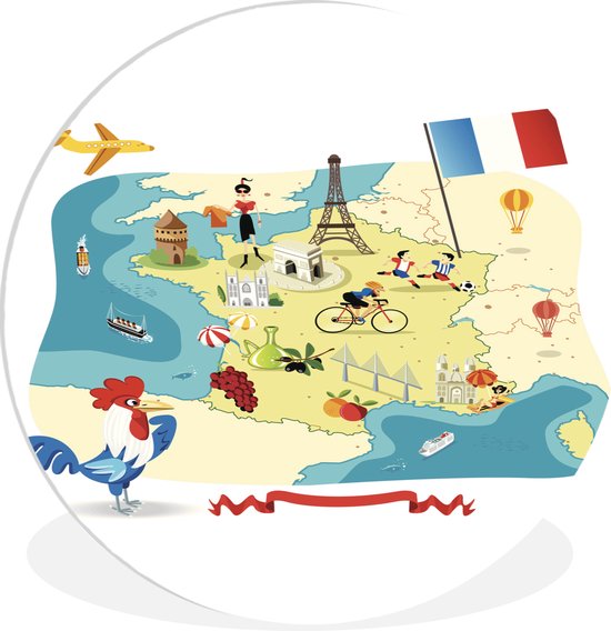 WallCircle - Wandcirkel ⌀ 30 - Geïllustreerde kaart van Frankrijk - Ronde schilderijen woonkamer - Wandbord rond - Muurdecoratie cirkel - Kamer decoratie binnen - Wanddecoratie muurcirkel - Woonaccessoires