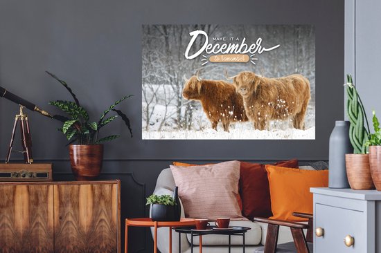 Sticker Muursticker Citations pour la maison - 'Make it a December to Remember' et fond avec Highlanders écossais - 120x80 cm - film adhésif autocollant - sticker mural repositionnable