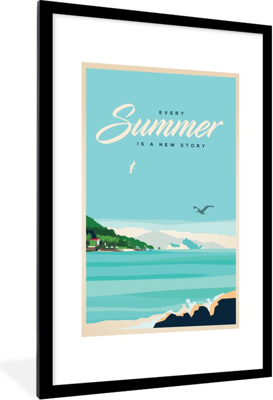 Fotolijst incl. Poster - Vintage illustratie vakantie aan zee - 80x120 cm - Posterlijst