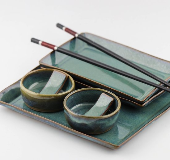 Dobro Pottery Sushi Set Sushi Servies Zwart en Groen 2 Personen