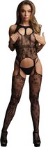 Lace suspender bodystocking with round neck - Black - O/S