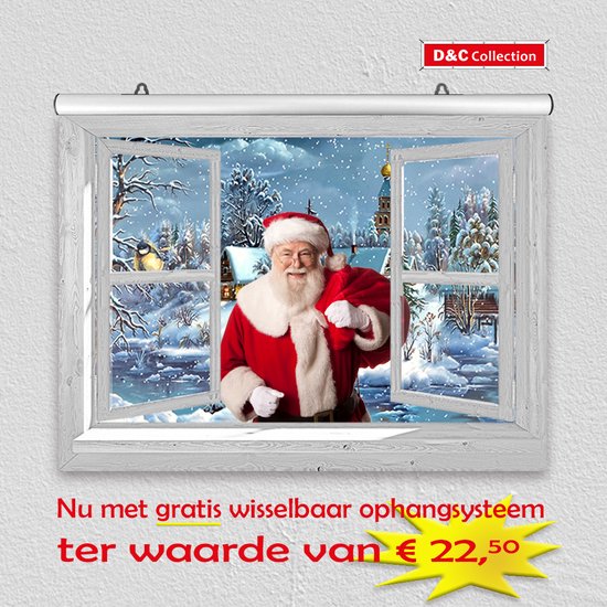 D&C Collection - kerst poster - 60x45 cm - doorkijk - wit venster met winterlandschap en sprookjes dorp - winter poster - kerst decoratie