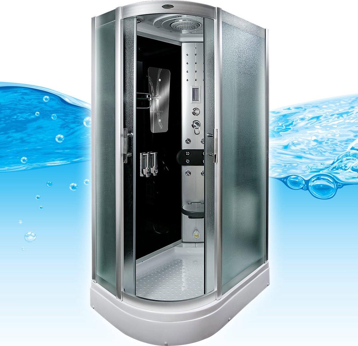 Complete Gesloten Douchecabine 120X80X215 Fiona LINKS. MENGKRAAN. MAT GLAS Luxe, Kit-Vrij, Zwarte, Veiligheidsglas, LED, Radio, Speakers, Zitje, Massage, Hoekmodel, Kwartrond, Schuifdeuren, Douchebak, Afvoer, Sifon, Full Options. Royal Sanitair