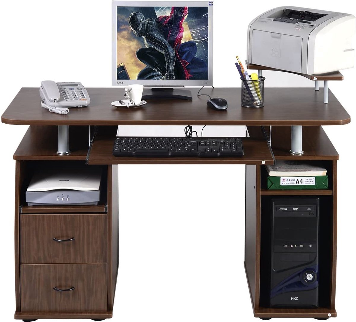 LUXGOODS computertafel- bureau, kantoortafel, werktafel, PC-tafel met toetsenbordlade, laden, printerplank, 120 x 55 x 85cm (Bruin)