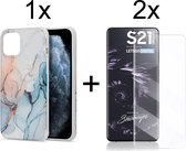 Samsung S21 Ultra Hoesje - Samsung Galaxy S21 Ultra Hoesje Marmer Lichtblauw Siliconen Case - 2x Samsung S21 Ultra Screenprotector UV